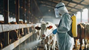 Scientist in protective suit and mask spraying pesticide on cows in farm